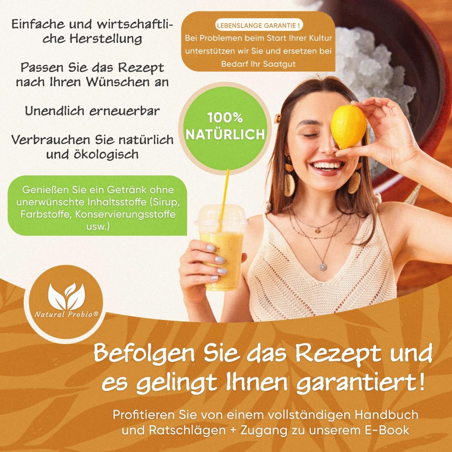 Natural Probio® Wasserkefir, Kefirpilz, Japankristalle, Kefirknollen, Starter Set + Anleitung, Rezept, Tipps, E-Book & Rezeptbibliothek + Kundenservice auf Lebenszeit (10g dehydrated/60g rehydrated)