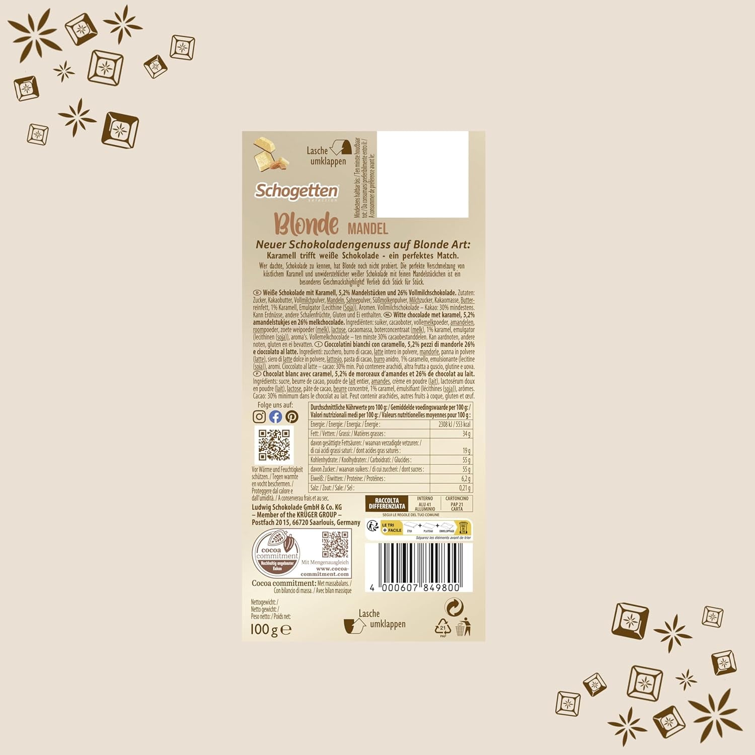 Schogetten Blonde Almond | White chocolate with caramel and almond pieces | 100 g | Conveniently Portioned (Pack of 2)