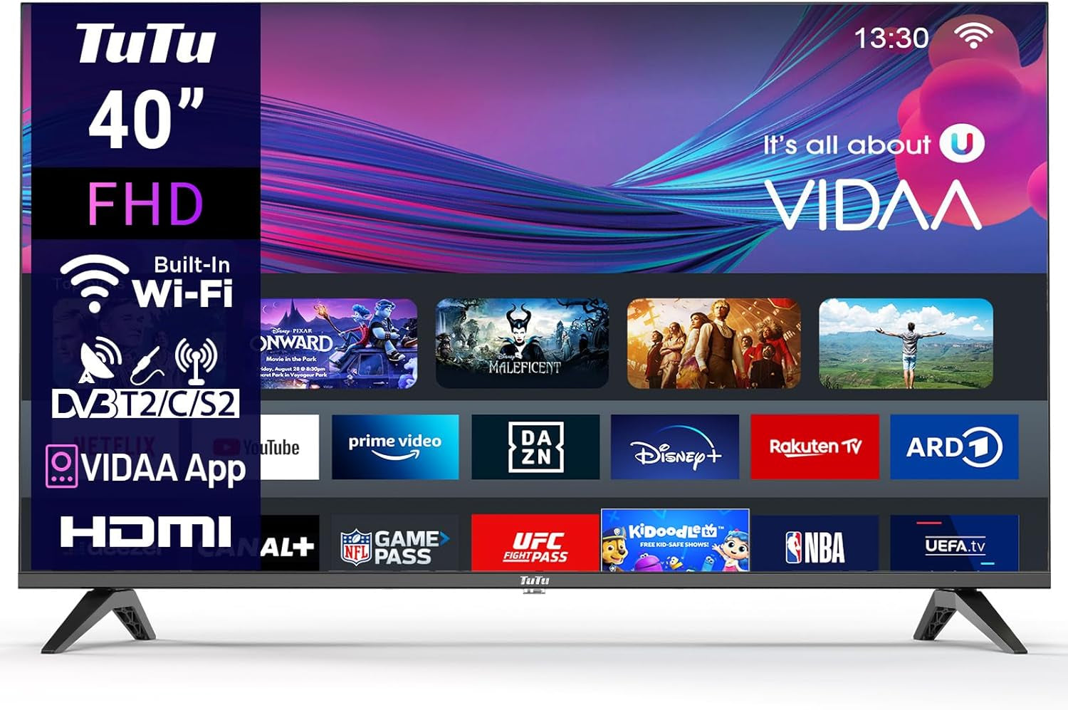 TuTu TUS43UQ1A Smart TV 43 inch (108 cm) 4K UHD LED TV Android TV cu WLAN, HDR, triplu tuner DVB-C/S/S2/T/T2, Bluetooth, Prime Video, Netflix, YouTube, DAZN, Disney+