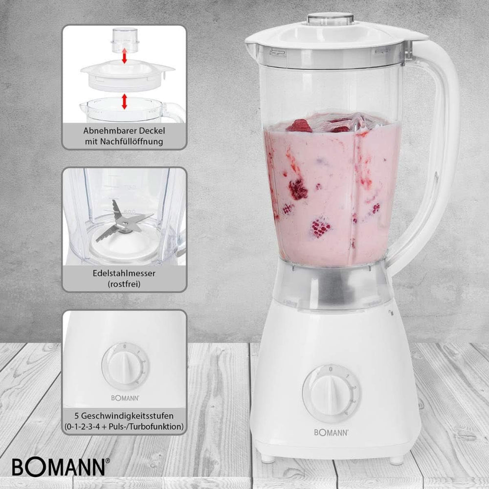 Bomann 378 CB Universalmixer Zum Pürieren, Schlagen, Zerkleinern, Shaken Und Mixen, Ice Crush-Funktion, Kraftvoller 500 Watt-Motor, Abnehmbarer Mixbehälter Mit 1.5 Liter, Edelstahlmesser, Weiß, UM 378 CB Kitchen Naty Shop