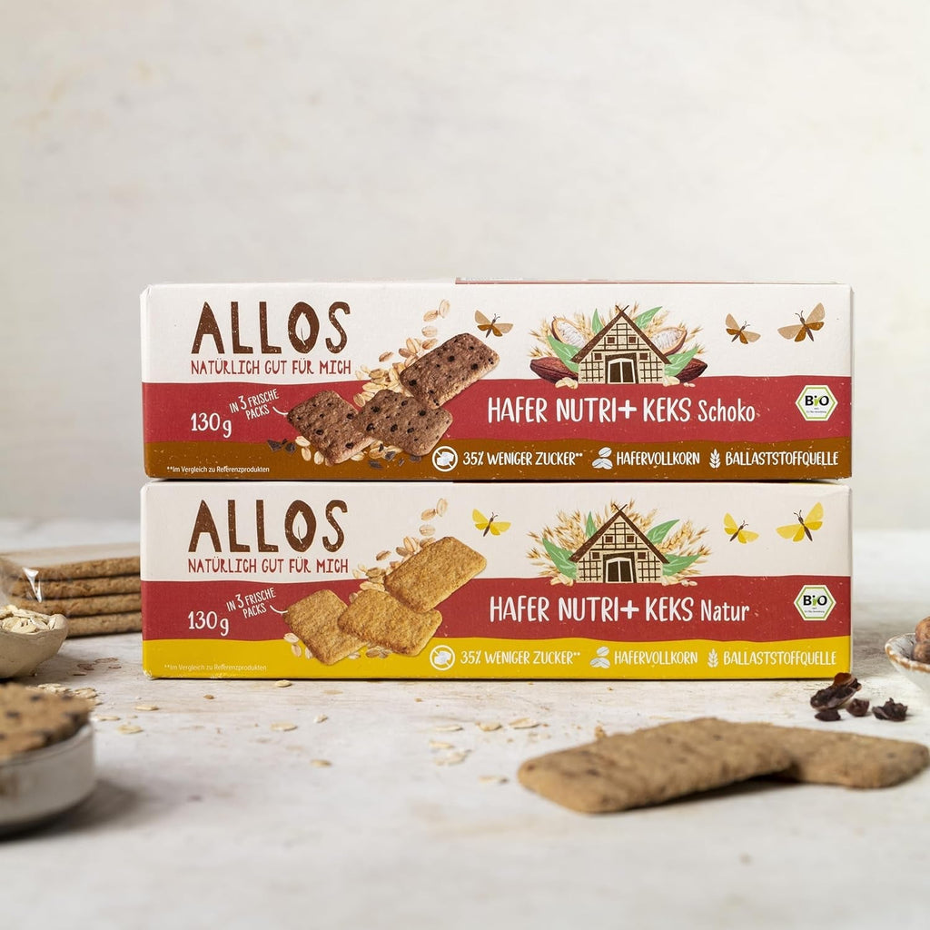 Biscuiți cu ovăz și ciocolată bio Allos | Biscuit crocant cu ovăz integral și ciocolată | Îndulciți cu miere | 6 x 130 g