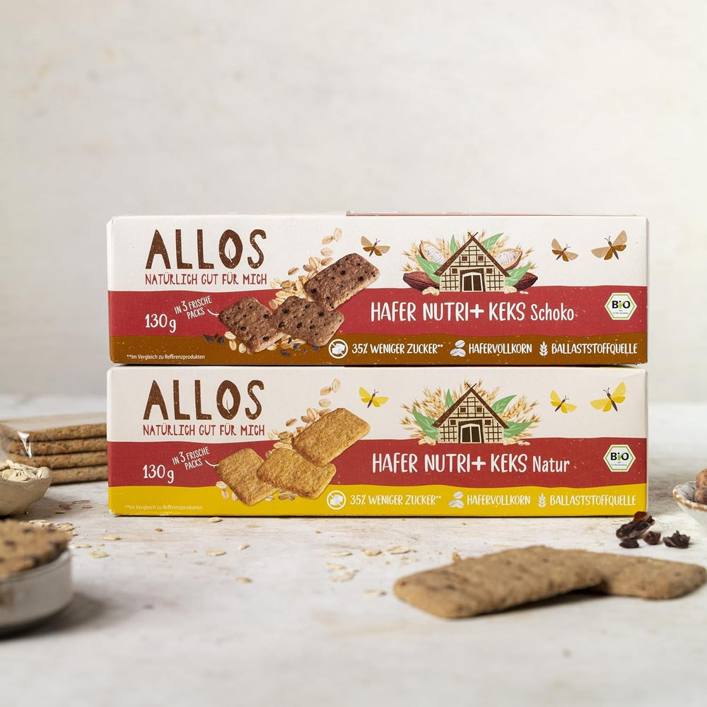 Biscuiți cu ovăz și ciocolată bio Allos | Biscuit crocant cu ovăz integral și ciocolată | Îndulciți cu miere | 6 x 130 g