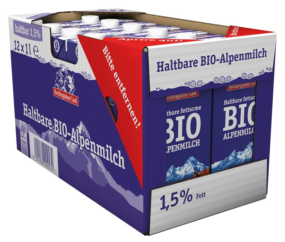 Berchtesgadener Land Haltbare Bergbauern-Milch, 1.5% Fett, 12er Pack (12 x 1 l)