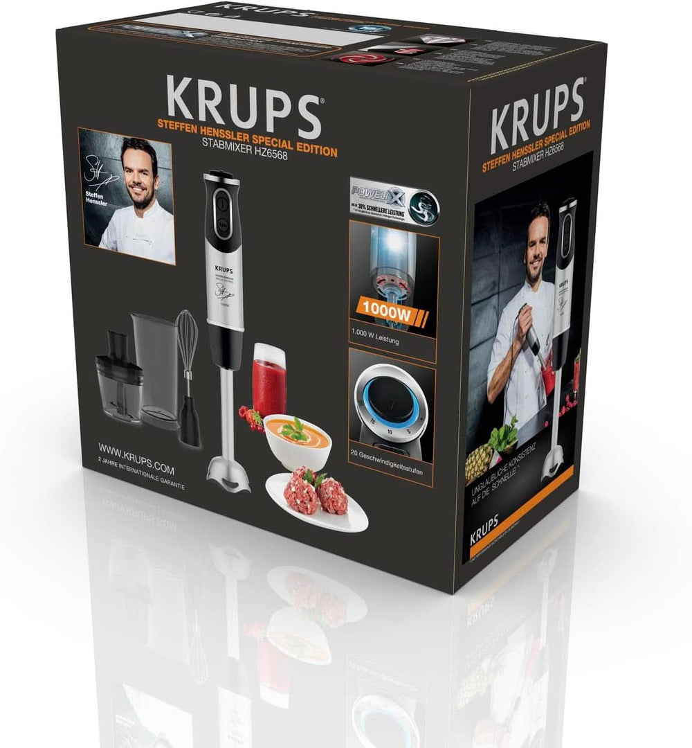 Krups Perfect Mix Stand Mixer HZ6568 | Blender | 1000 Watt | Edelstahlfuß | 4 Extra Scharfe Messer | Powelix Technologie | Schneebesen | 500 Ml Zerkleiner | 800 Ml Messbecher | Schwarz/Silber Kitchen Naty Shop