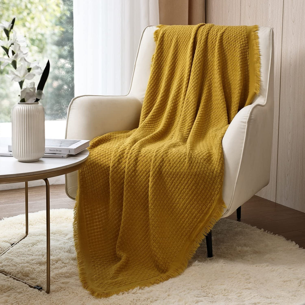 CREVENT Rust Knitted Blanket for Couch Couch Chair Bed Home Decor Soft Warm Cozy Lightweight Spring Summer Autumn (127.8 X 152.4 cm Caramel / Brown / Burnt Orange) CREVENT Beds and Blankets Yellow