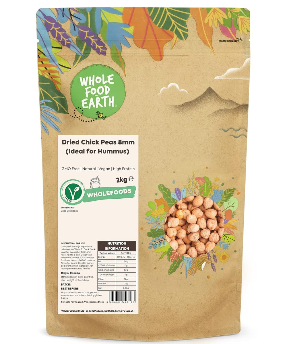 Wholefood Earth Chickpeas, 8mm (ideal for hummus), non-GMO, natural, vegan, dairy-free, no added sugar, 2kg