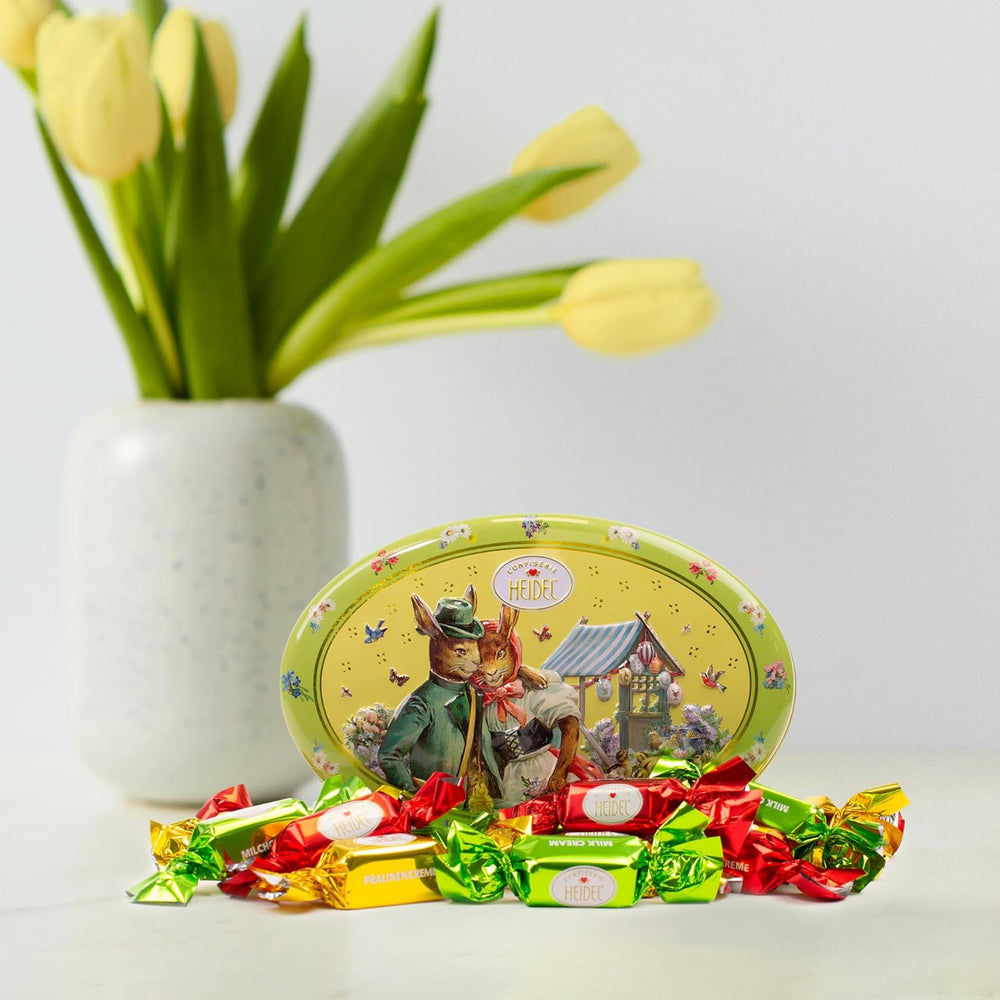 Heidel Easter card gift box 183g, premium milk chocolate praline with decorative metal box, ideal as an Easter gift