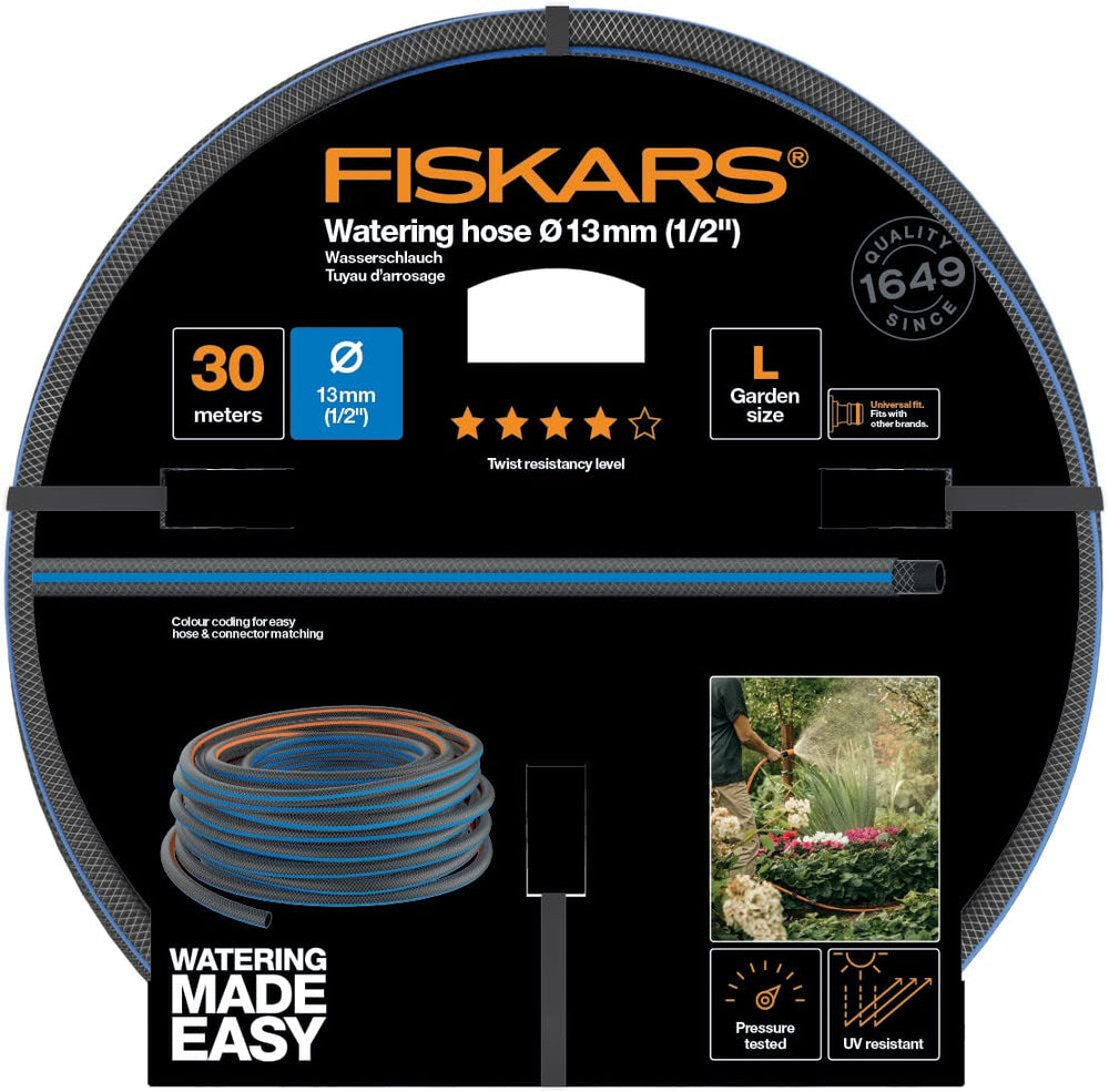 Furtun de apă Fiskars L, protecție UV, testat la presiune, nivel de rigiditate torsională 4 (din 5), 30 m, Ø 1,3 cm (1/2"), 4,2 kg, Negru/Portocaliu/Albastru, 1027105