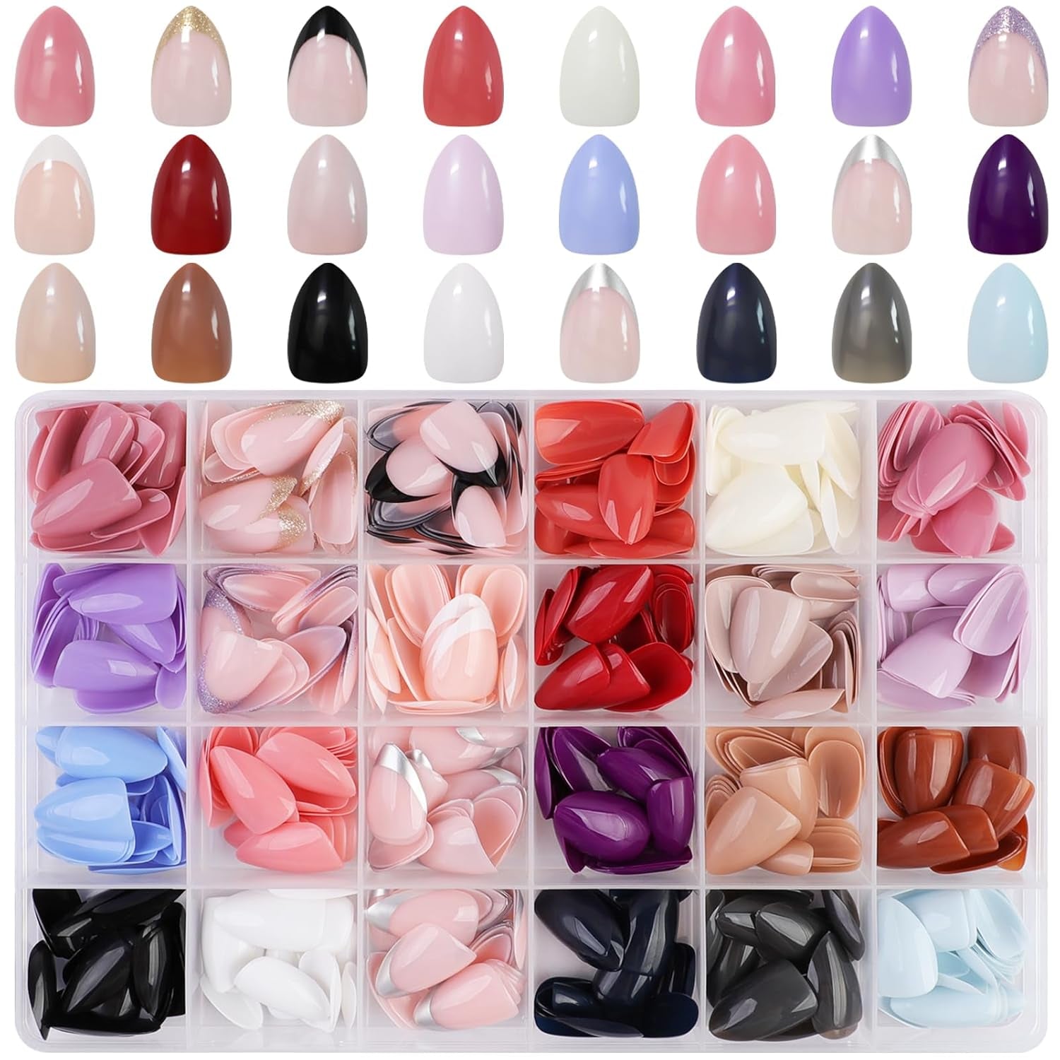 576 buc unghii migdale pentru lipire pe unghii scurte, colorate cu sclipici, set de unghii artificiale lucioase, unghii false cu pilă de unghii, unghii ovale, unghii artificiale pentru femei