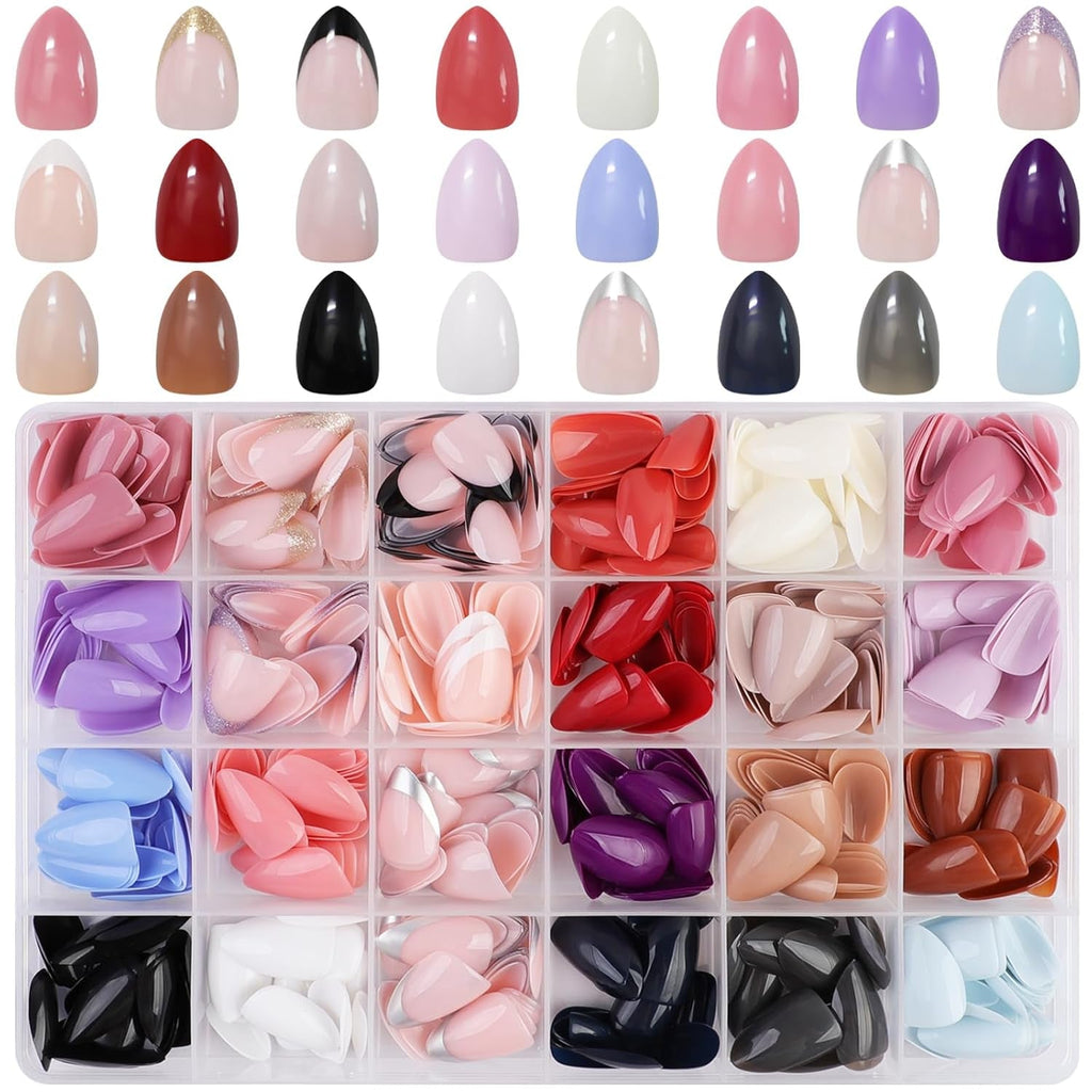 576 buc unghii migdale pentru lipire pe unghii scurte, colorate cu sclipici, set de unghii artificiale lucioase, unghii false cu pilă de unghii, unghii ovale, unghii artificiale pentru femei