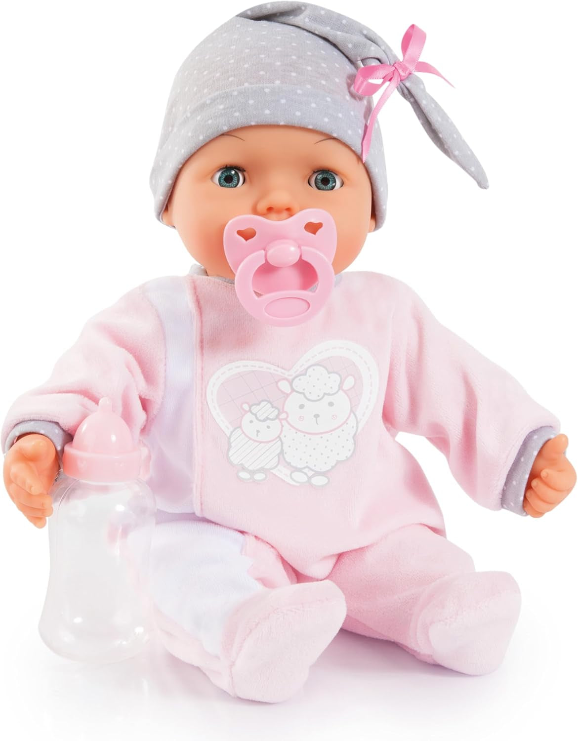 Bayer Design 93829AA Păpușa interactivă My Piccolina cu funcție, Păpușă vorbitoare, Mișcă gura, 38 cm, Suzetă, Biberon, Roz, Gri