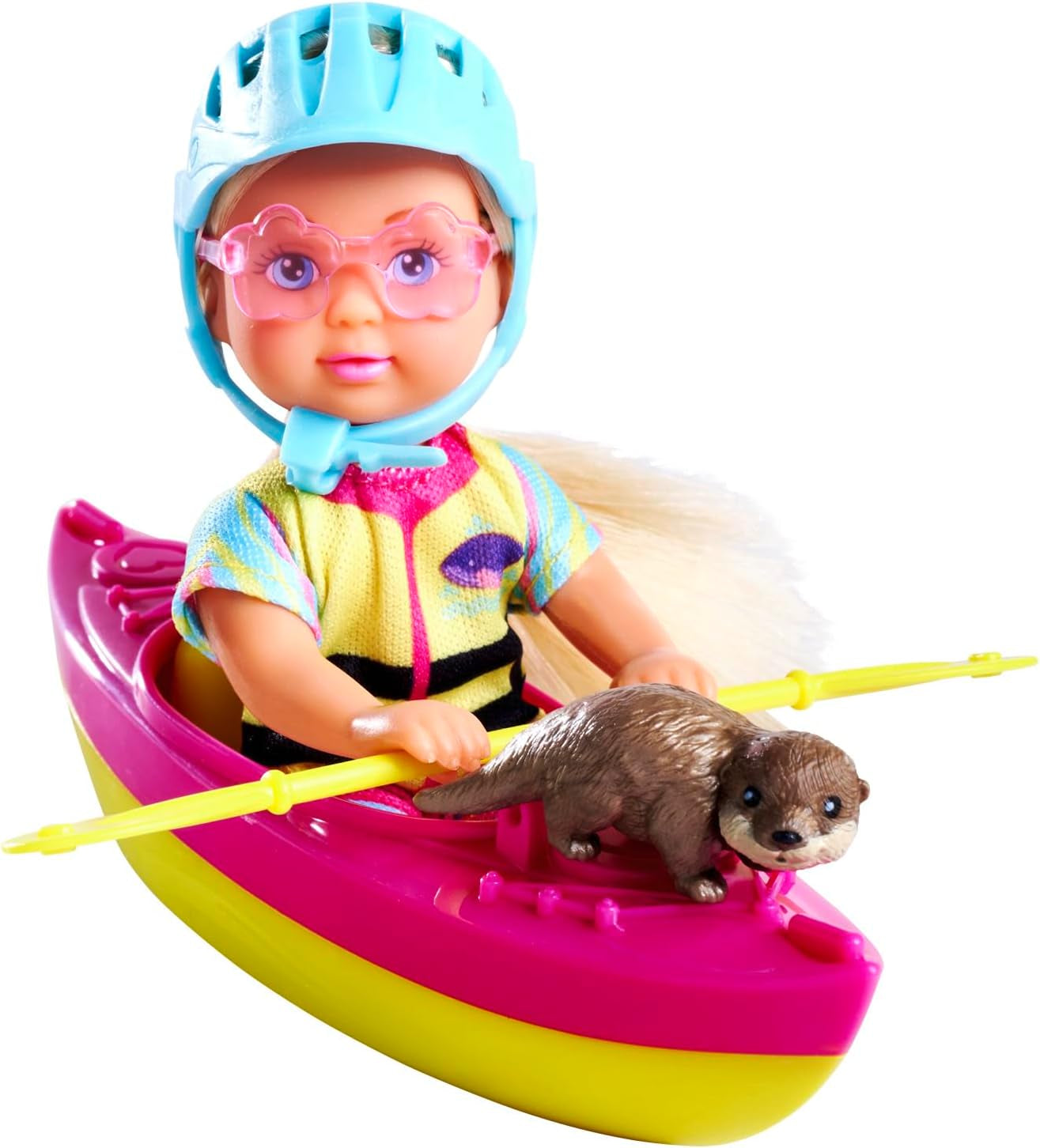 Simba Evi Love Kayak, Spielpuppe Macht eine Kajaktour, mit passer Bekleidung, Helm, Paddel, Sonnenbrille und Otter, 12cm, ab 3 Jahren