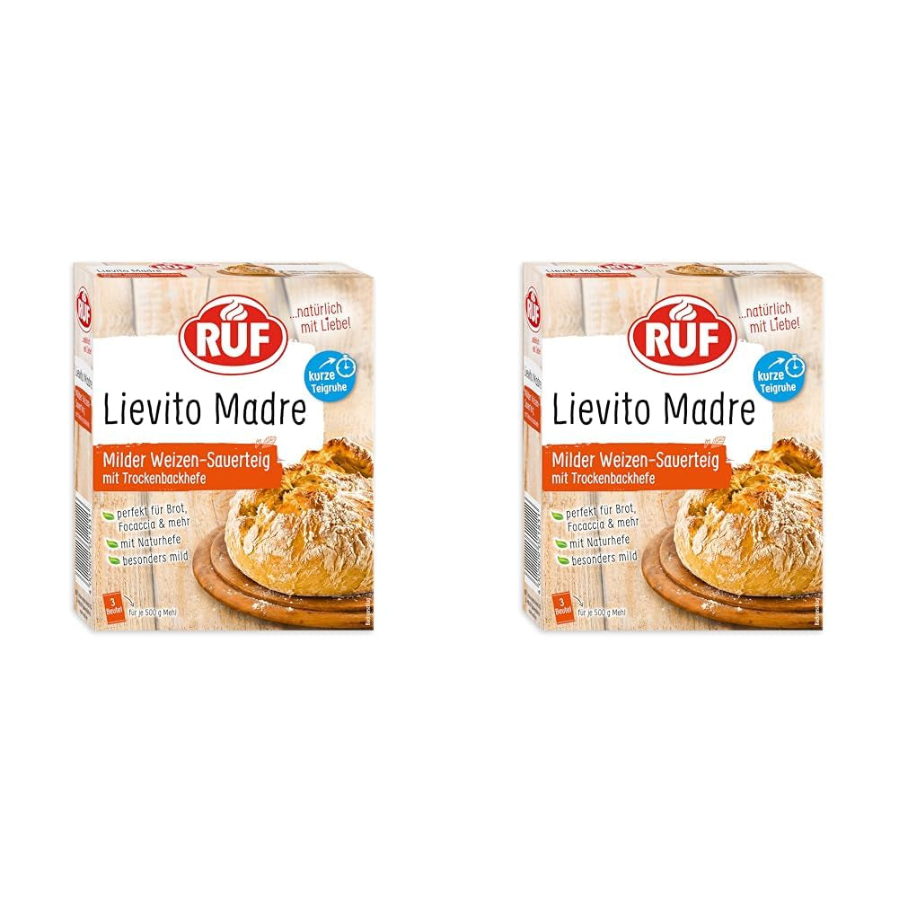 RUF Lievito Madre Sauerteig, Milder Weizen-Sauerteig, Mutterteig, Kurze Teigruhe Durch Enthaltene Trockenhefe, Lievito Madre Getrocknet Für Brot, Baguette, Focaccia, 3X35G Mixture for baking and cooking Naty Shop 35 G (6Er Pack) Kurze Teigruhe