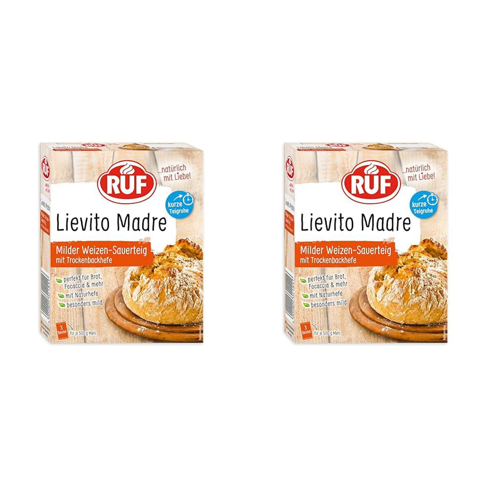 RUF Lievito Madre Sauerteig, Milder Weizen-Sauerteig, Mutterteig, Kurze Teigruhe Durch Enthaltene Trockenhefe, Lievito Madre Getrocknet Für Brot, Baguette, Focaccia, 3X35G Mixture for baking and cooking Naty Shop 35 G (6Er Pack) Kurze Teigruhe