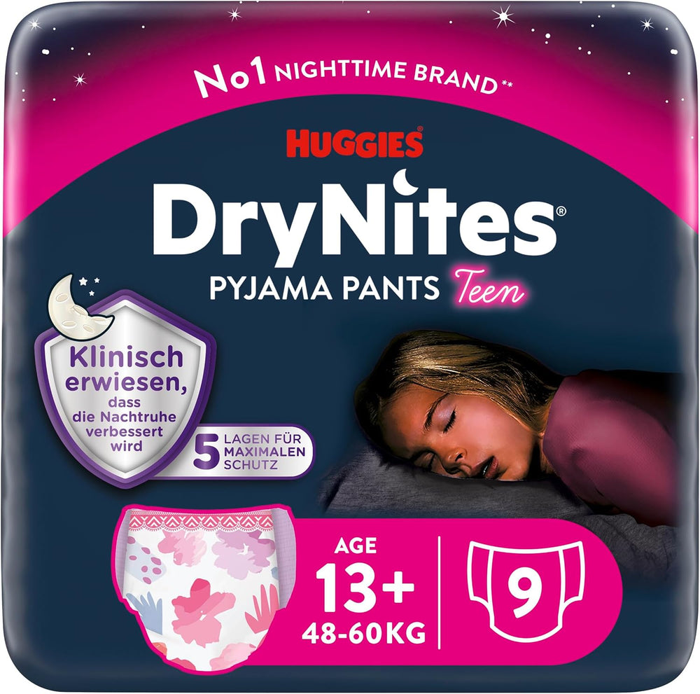 Huggies DryNites Nighttime Bedwetting Diapers for Girls 13-Approx 17 Years (48-60kg) 27 Count (3x9) Monthly Pack Panty Diapers