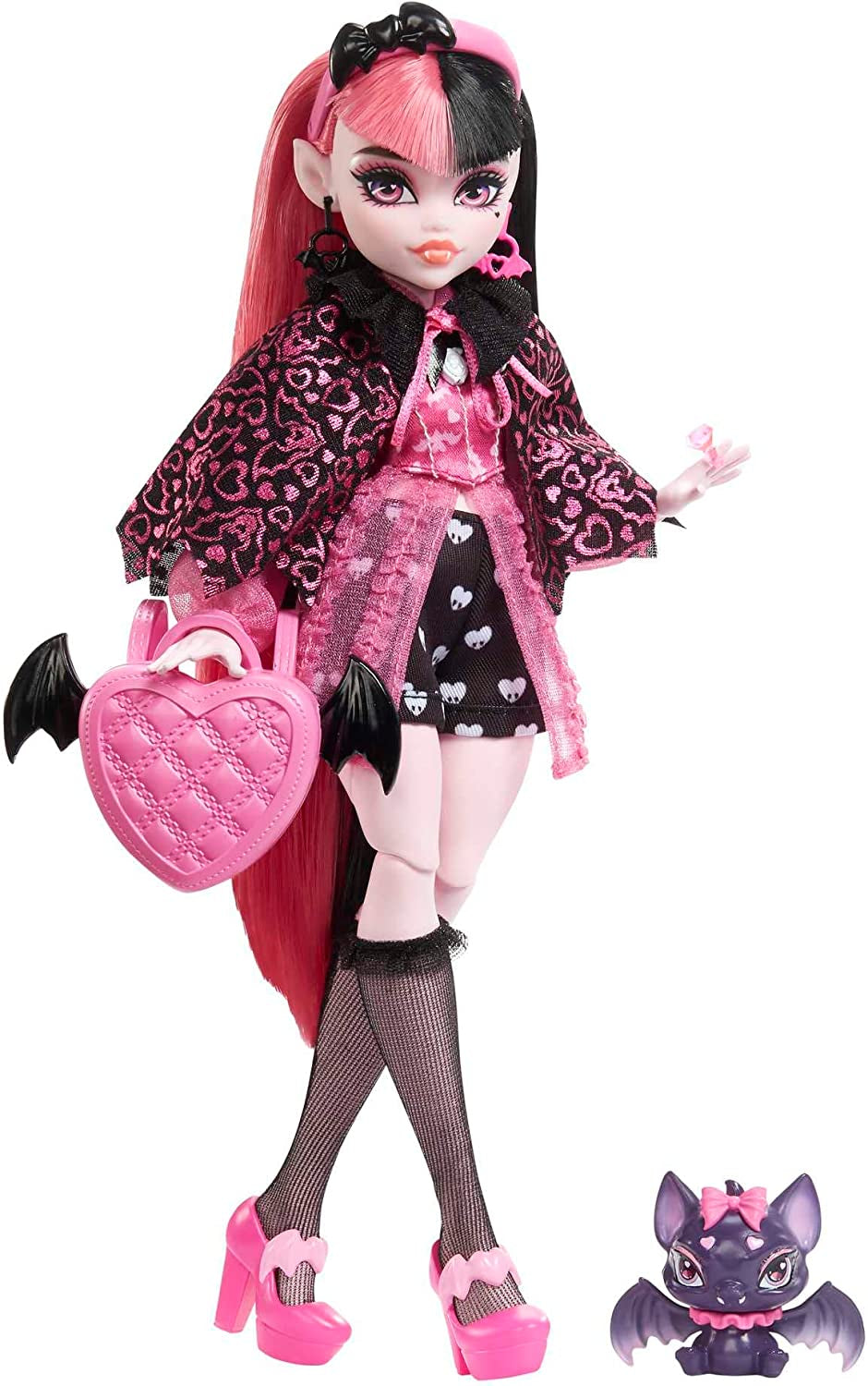 Păpușă Monster High Draculaura cu animalul ei de companie, pisica liliac Count Fabulous, și accesorii precum rucsac, carte de vrăji, cutie Bento și multe altele, HRP64 Papusi Naty Shop Modă vamp-tastică