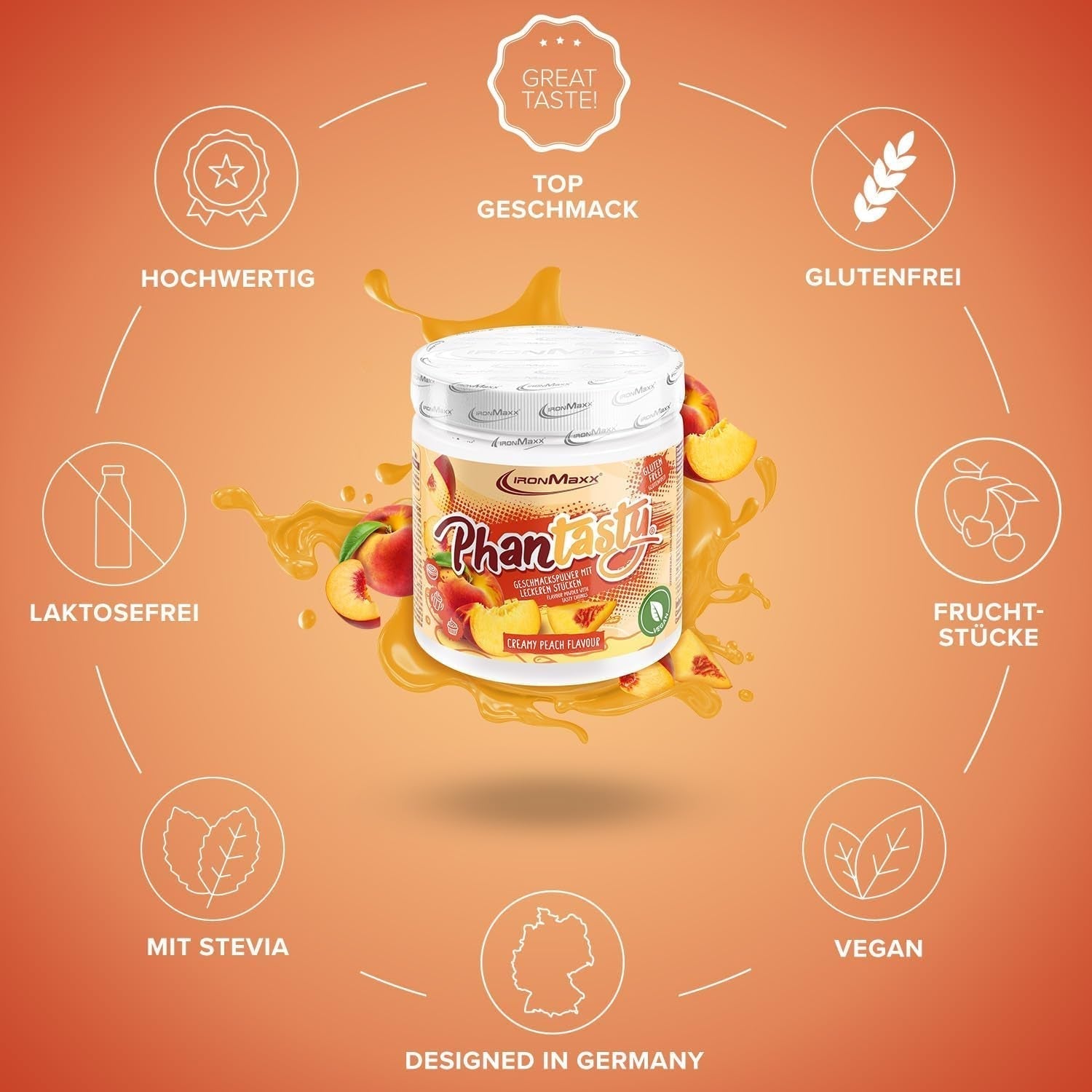 Ironmaxx Phantasty - Creamy Peach 250G Dose | Vegan Geschmackspulver Mit Echten Frucht- Oder Nussstückchen | Perfekter Zuckerersatz Sweeteners Naty Shop