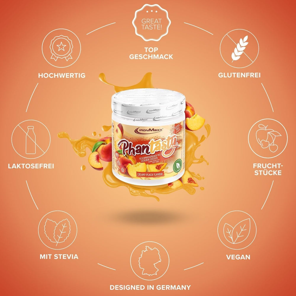 Ironmaxx Phantasty - Creamy Peach 250G Dose | Vegan Geschmackspulver Mit Echten Frucht- Oder Nussstückchen | Perfekter Zuckerersatz Sweeteners Naty Shop