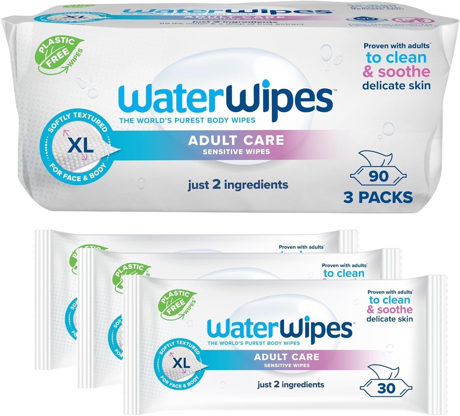 Waterwipes Adult Care Body & Intimate Hygiene Wipes, 180 șervețele (6 pachete), 99,9% apă, 3-In-1 Curăță, Hrănește, Protejează, Neparfumate, Ambalajul poate varia