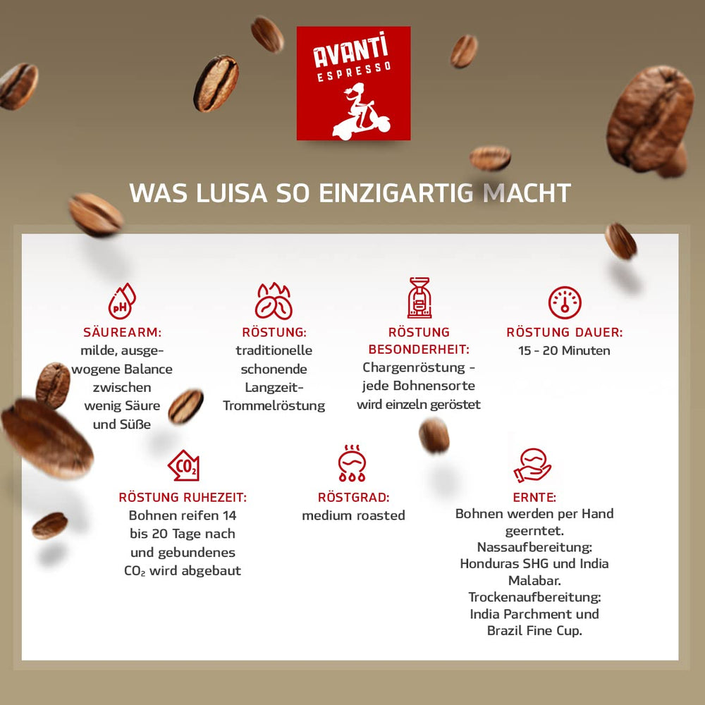 Cremă de cafea boabe Avanti Luisa 1000g, amestec 90% Arabica-10% Robusta, aromă delicată și fructată, prăjire tradițională în tambur