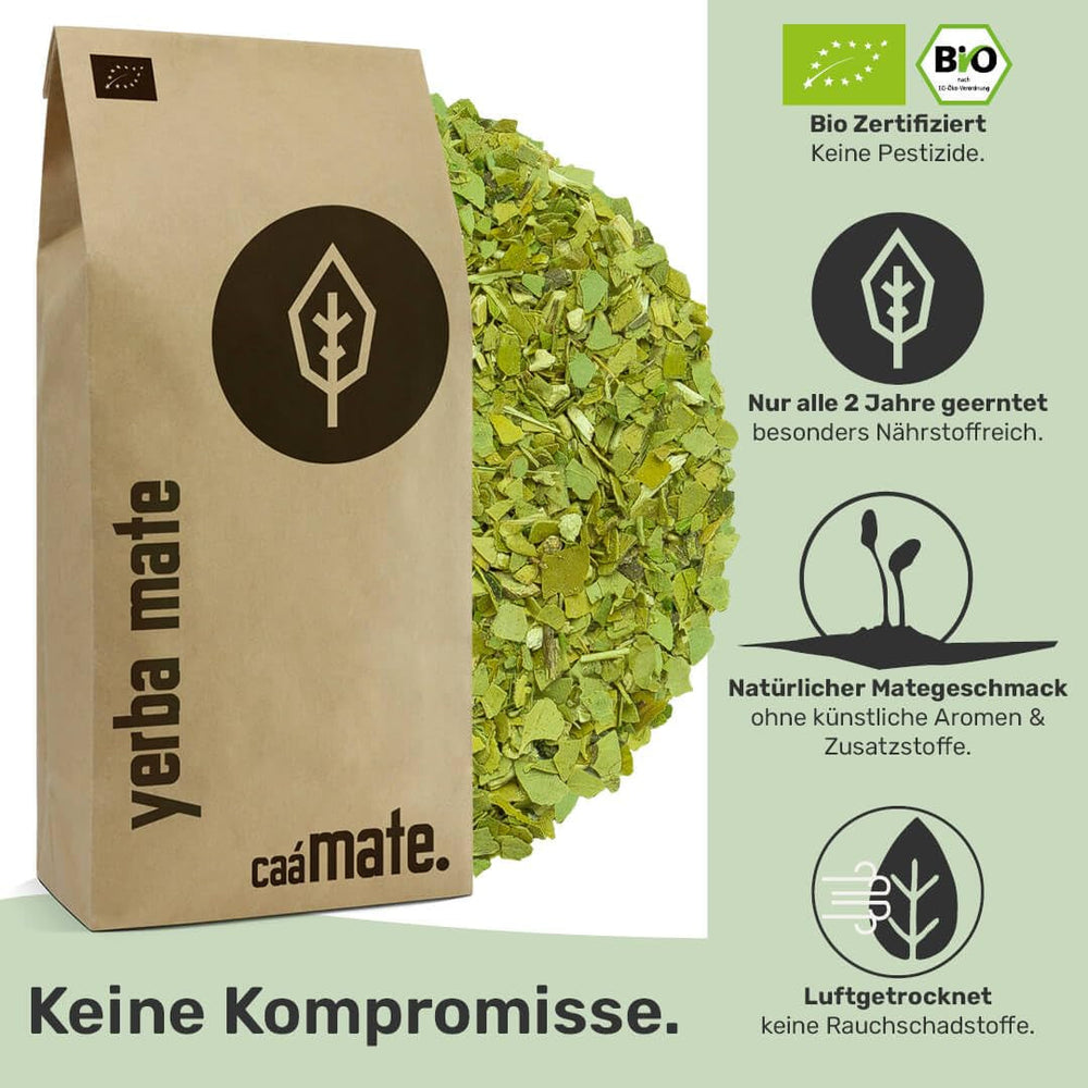Ceai Yerba Mate BIO 1 kg ● Original ● Maturat ● Neprăjit ● Uscat la aer ● Fără fum ● Fără plastic ● Echitabil ● Ceai mate din frunze de mate, bucăți de mate și pudră de frunze de mate ● DE-ÖKO-006