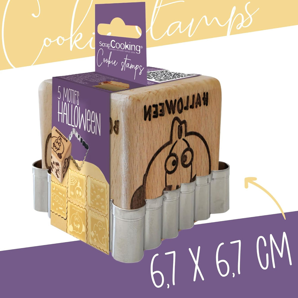 ScrapCooking – Gebäckstempel aus Holz mit Halloween-Mustern – mit 1 Keksausstecher und Würfelausstecher mit 5 erhabenen eingravierten Gesichtern – 5298