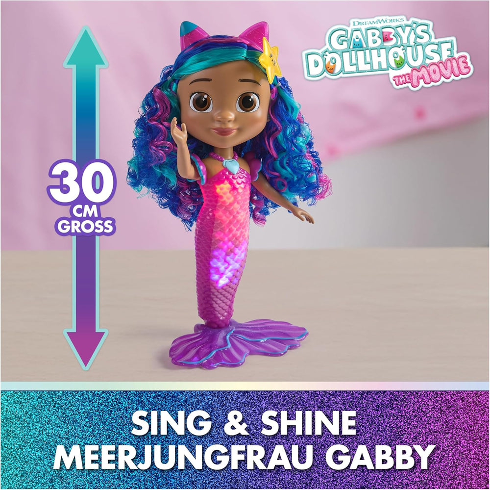 DreamWorks Gabby's Dollhouse – Sing & Shine Meerjungfrau Gabby, 35 cm große Puppe mit Licht- und Soundeffekten, spricht Deutsch, für Kinder ab 3 Jahren
