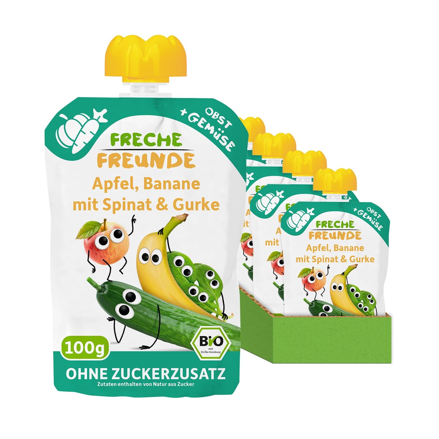 FRECHE FREUNDE Organic Squeezable Fruit Pouch with Apples, Bananas, Spinach and Cucumber, Pureed Fruit and Vegetables in a Squeezable Pouch for Babies from 6 Months, Vegan, Pack of 6 (6 x 100g)