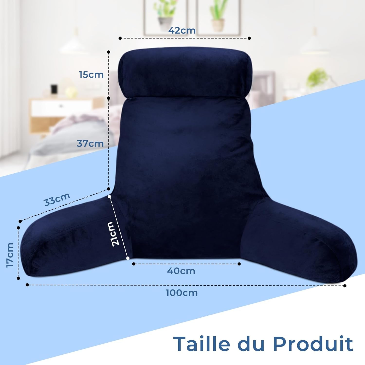 Pernă de citit INFANZIA cu cotiere, spumă cu memorie, suport ergonomic pentru canapea și pat, albastru marin