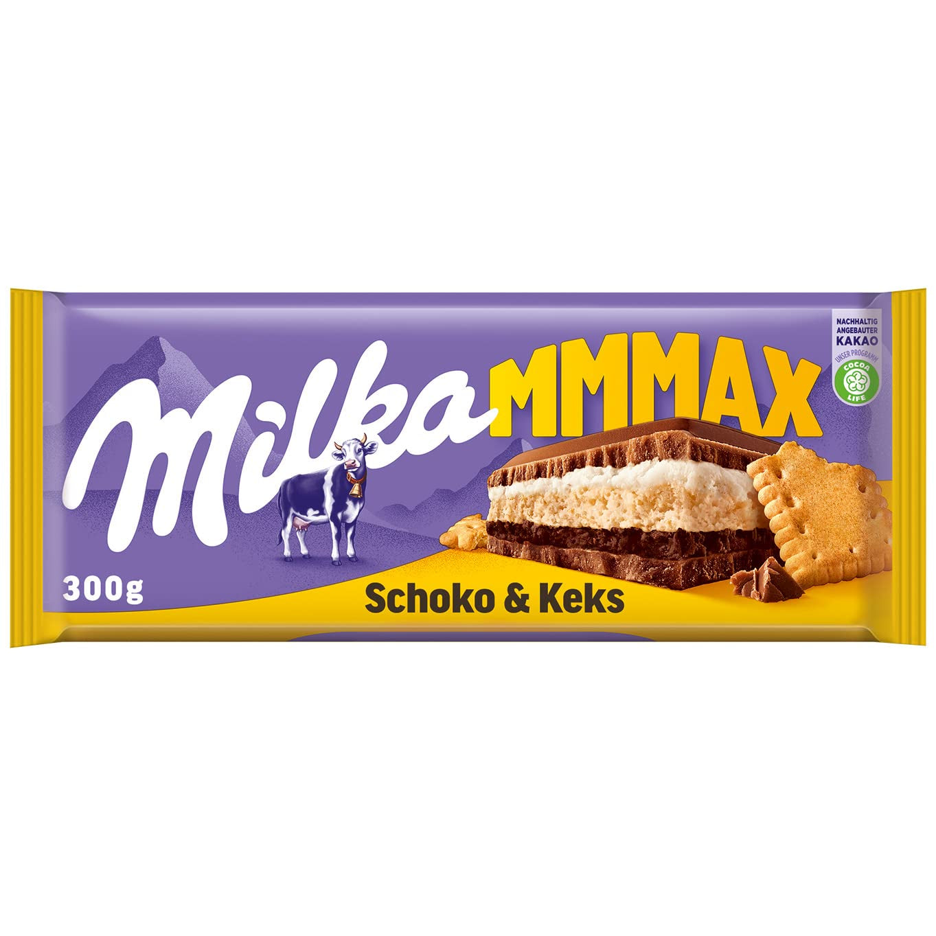 Milka Mmax Chocolate and Biscuits – Alpine milk chocolate with milk cream filling and crispy pieces of biscuits – 300g