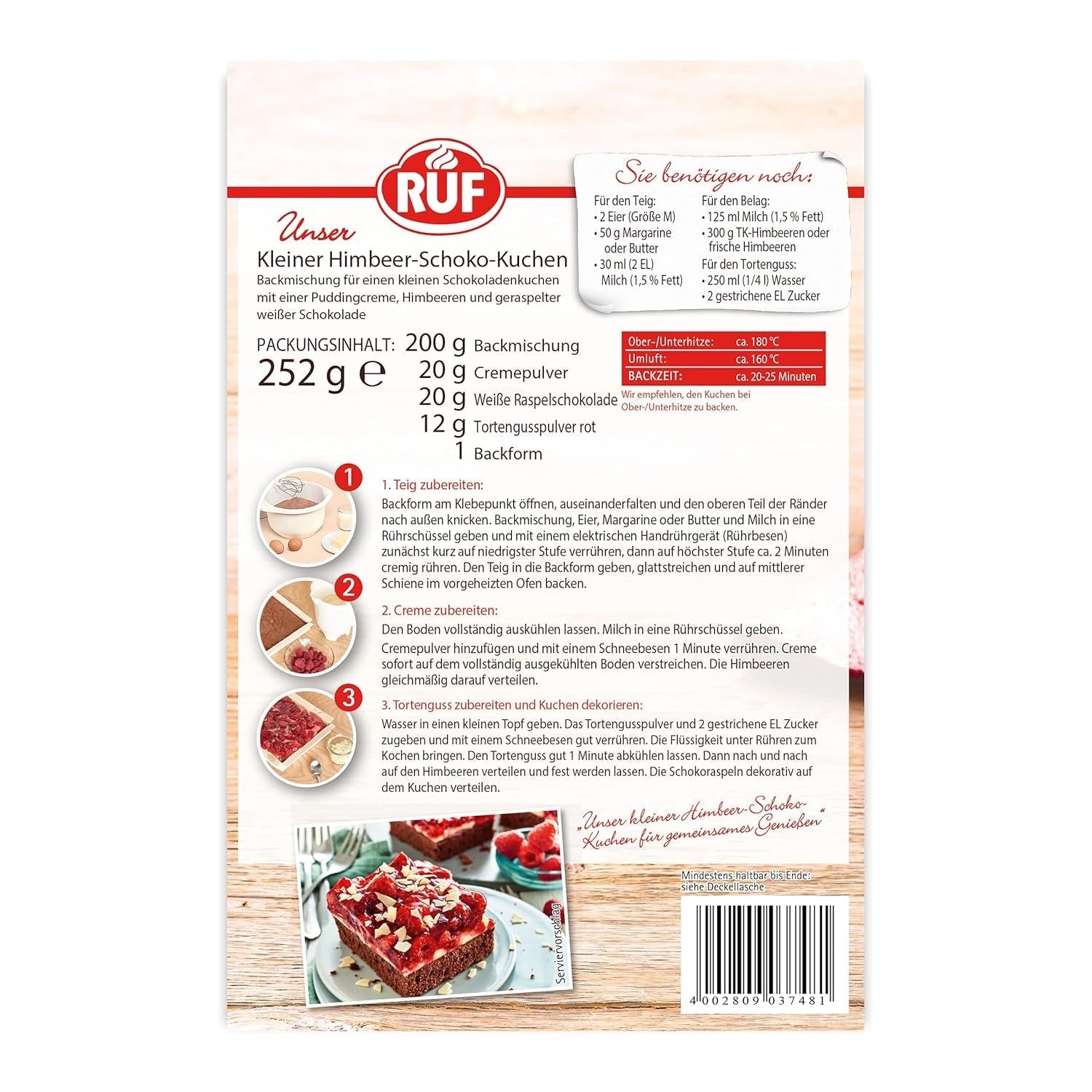 RUF Kleiner Himbeer-Schokokuchen, Mini-Kuchen Mit Feiner Puddingcreme, Himbeeren Und Weißen Schokoraspeln, Inkl. Backform, 1X252G Mixture for baking and cooking Naty Shop