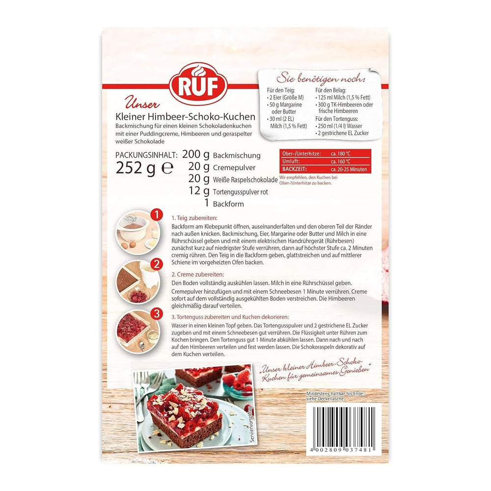 RUF Kleiner Himbeer-Schokokuchen, Mini-Kuchen Mit Feiner Puddingcreme, Himbeeren Und Weißen Schokoraspeln, Inkl. Backform, 1X252G Mixture for baking and cooking Naty Shop