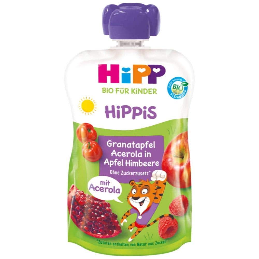 Hipp Super-Hippis squeeze bags, pomegranate acerola in apple-raspberry, 100% organic fruit without added sugar, 6 bags of 100 g Mother and Child Naty Shop 6 x 100 grams Pomegranate Acerola Apple Raspberry