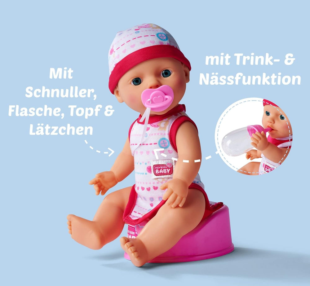 Simba 105037800 - New Born Babyset, 2-fach sortiert, es wird nur ein Artikel geliefert, Vollvinylpuppe mit Trink- und Nässfunktion, Schnuller, Flasche, Topf und Lätzchen, 30cm, ab 3 Jahren