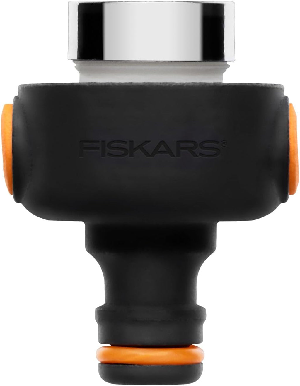 Conector multi-filet Fiskars, filet interior pentru diferite dimensiuni de robinet, pentru trei dimensiuni de filet Ø 21 mm (1/2"), Ø 26,5 mm (3/4") și Ø 33,3 mm (1"), 17 g, negru/portocaliu, 1027051