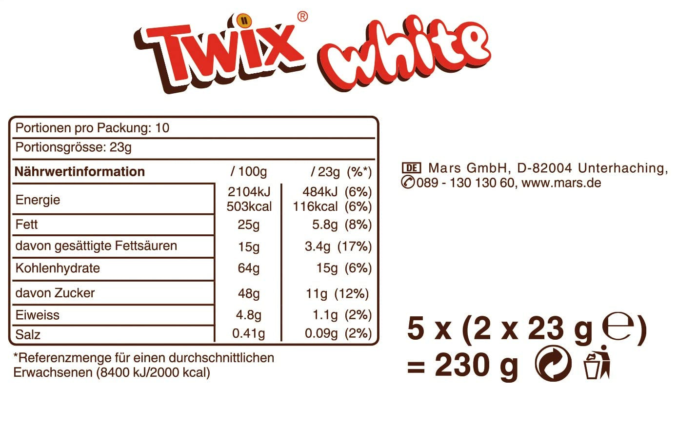 Twix white chocolate bars; caramel, biscuits, white chocolate; multiple pack of chocolates; 5 bars (5 x 46 g)