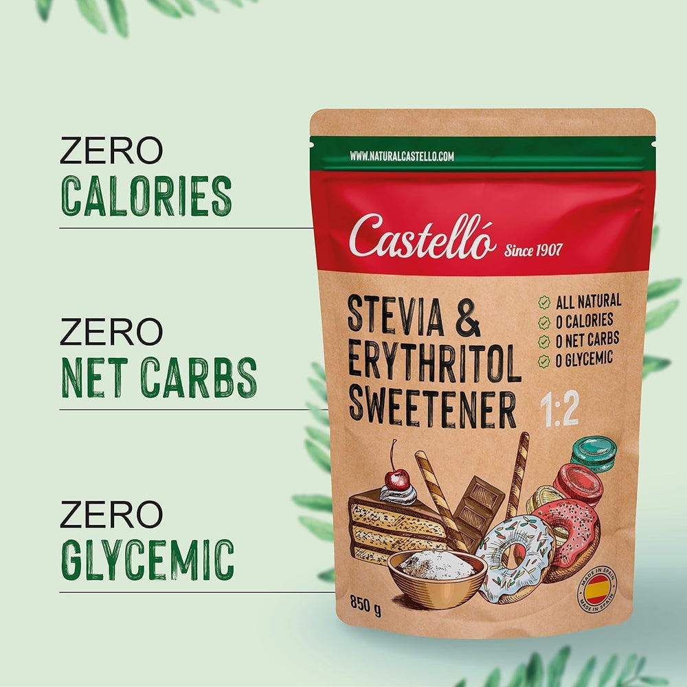 Stevia + Erythritol 1:2 Süßstoff | 1G = 2G Zucker | 100% Natürlicher Zuckerersatz - 0 Kalorien - 0 Glykämischer Index - Keto Und Paleo - 0 Netto-Kohlenhydrate - Kein GVO - Castello since 1907 - 850 G Sweeteners Naty Shop