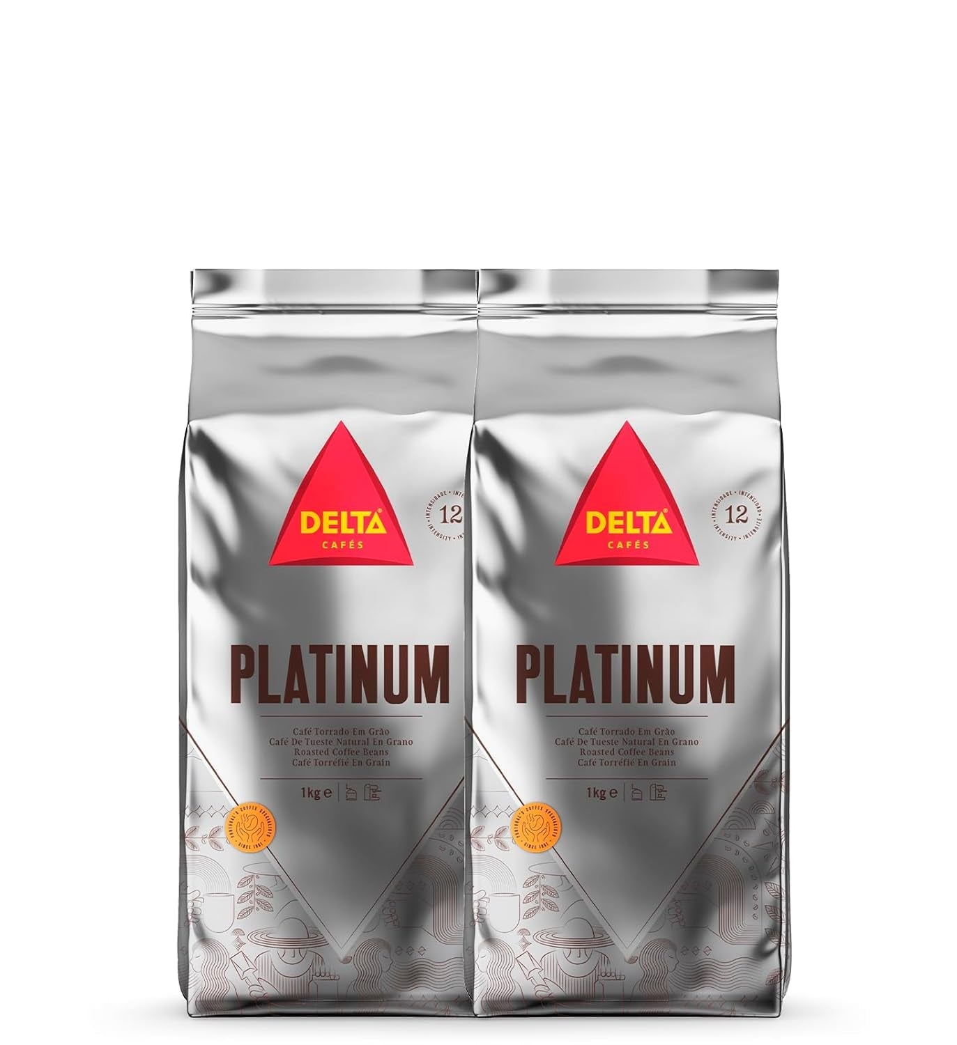 Cafea boabe Delta Cafés Platinum, 1 kg, 2 bucăți, Intensitate 12, amestec Arabica-Robusta
