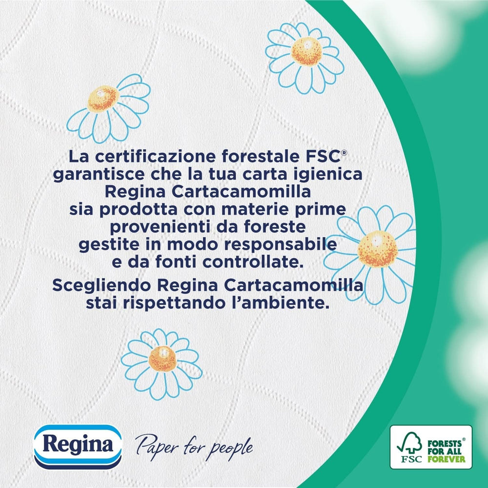 Regina Cartacamomilla - 8 role hârtie igienică, 300 foi pufoase, 3 straturi, moale și consistentă, ambalaj din hârtie reciclabilă