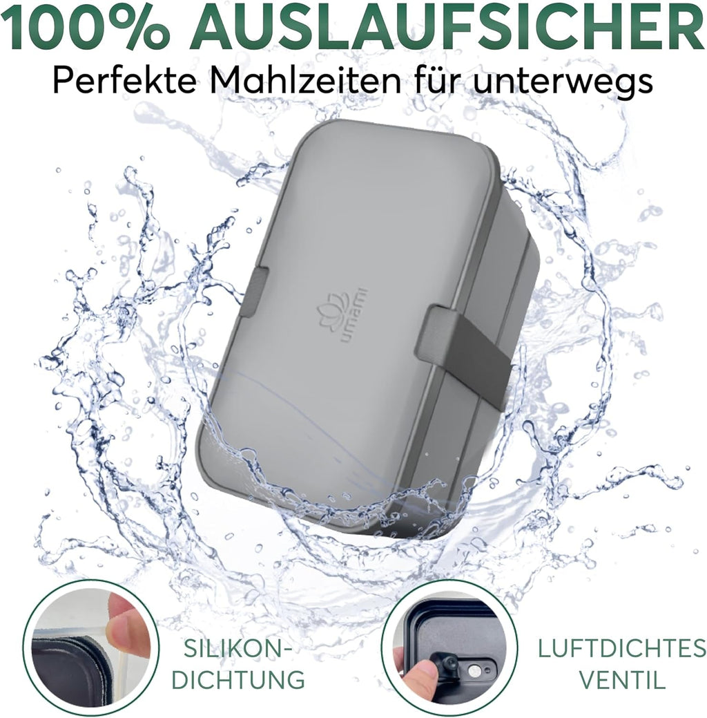 Cutie de prânz Umami pentru adulți, cutie bento stivuibilă etanșă cu 4 tacâmuri și compartimente, cutie de prânz pentru adulți, recipient pentru salată to-go, cutie de prânz pentru picnic / birou, gri cărbune, 1500 ml Cutii depozitare alimente Naty Shop