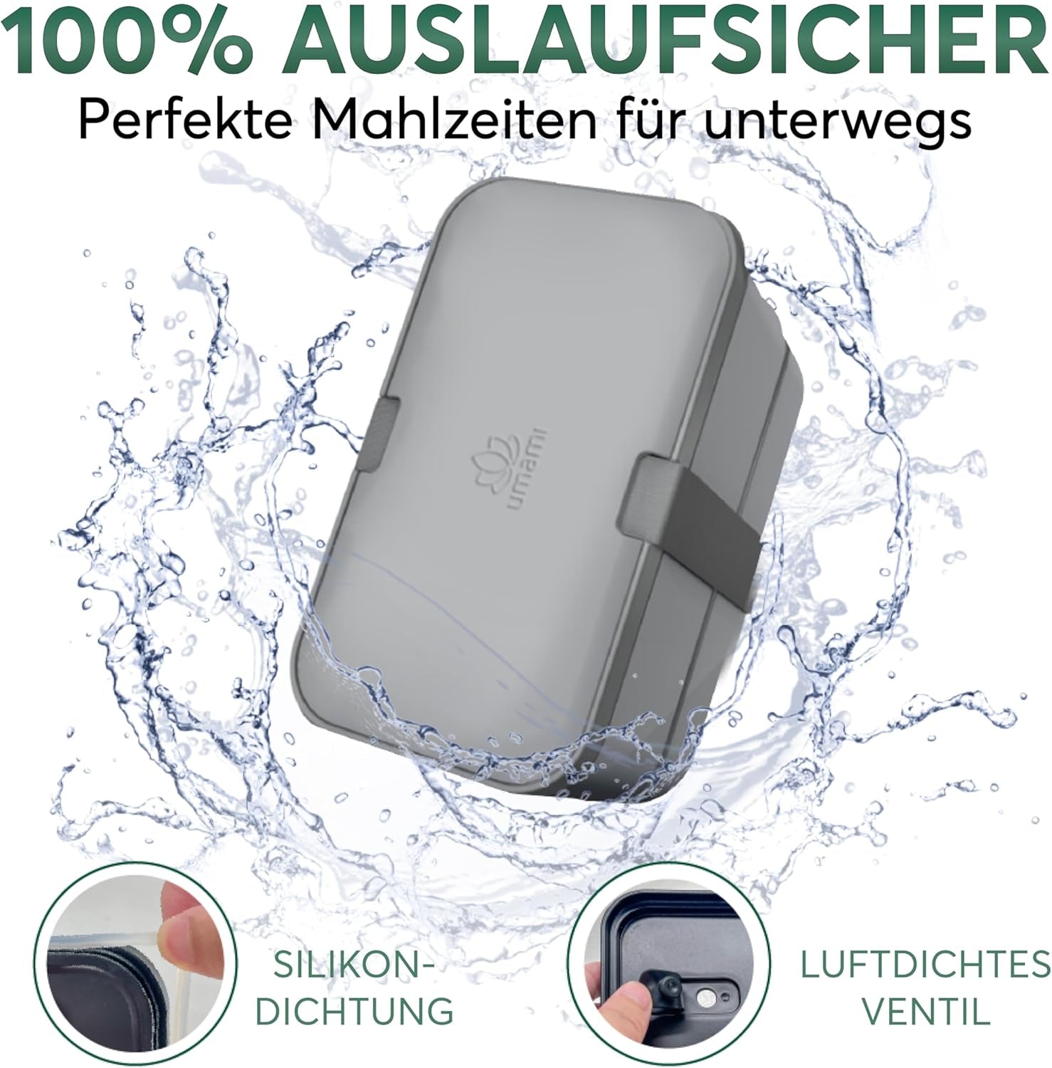 Cutie de prânz Umami pentru adulți, cutie bento stivuibilă etanșă cu 4 tacâmuri și compartimente, cutie de prânz pentru adulți, recipient pentru salată to-go, cutie de prânz pentru picnic / birou, gri cărbune, 1500 ml Cutii depozitare alimente Naty Shop