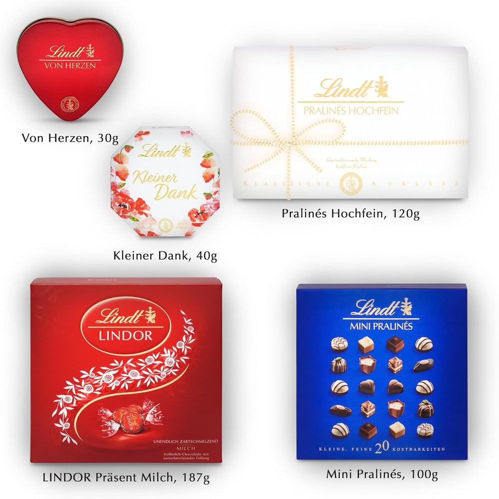 Lindt Chocolate Praline Gift Set | 477g | 5 boxes of Lindt pralines in the variants: Exquisite, Mini Praline, LINDOR Gift, Small Thank You, From the Heart | Praline gift | Chocolate gift