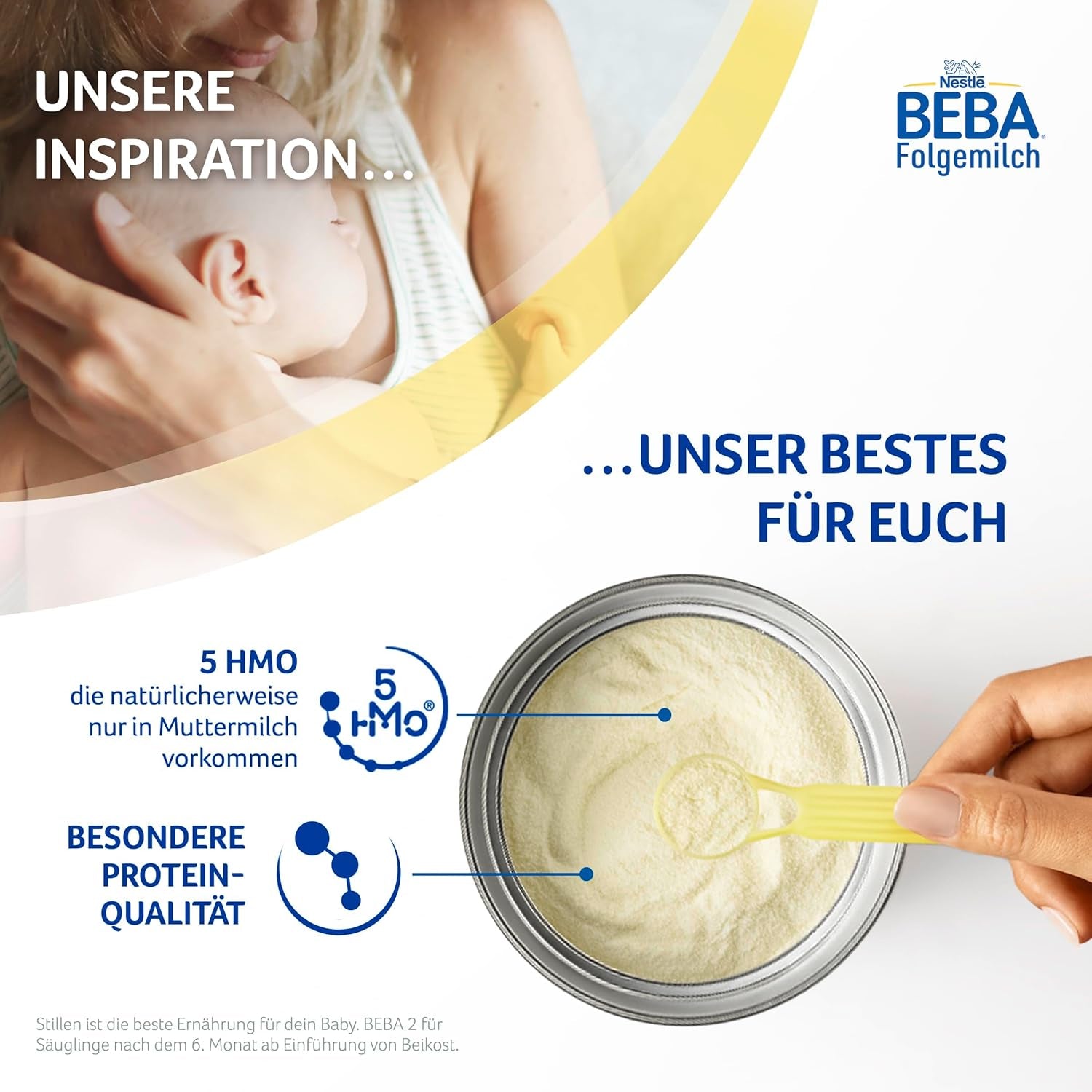 BEBA 2 - Follow-on milk after 6 months, with 5 HMO complex, age-appropriate protein content, lactose-free, palm oil-free, fish oil-free, baby food, baby milk powder, pack of 3 (3 x 800g)