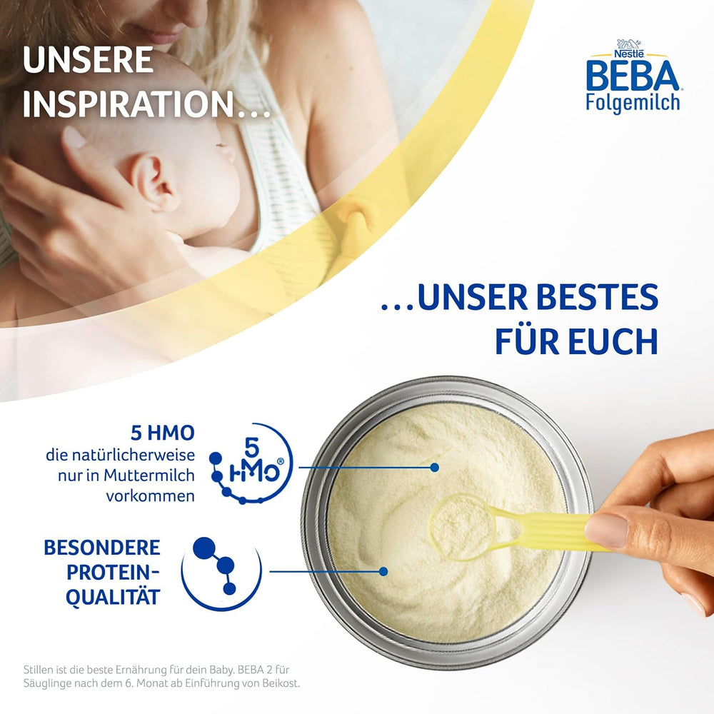 BEBA 2 - Follow-on milk after 6 months, with 5 HMO complex, age-appropriate protein content, lactose-free, palm oil-free, fish oil-free, baby food, baby milk powder, pack of 3 (3 x 800g)
