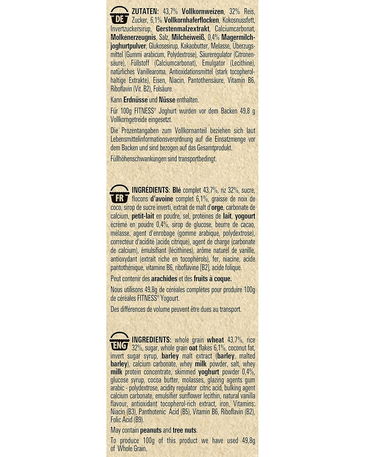 Nestlé Fitness Yogurt Whole Grain Breakfast Cereal with Partial Yogurt Flavor Pack of 4 (4 x 350g)