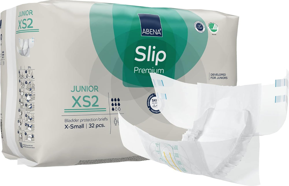 Premium Junior Slip Diapers, Eco-labelled, Enhanced Leak Protection, Safe & Comfortable Baby Diapers - Size 7/XS2, Waist Circumference 40-60cm, Ages 5-15 Years, 1 x 32 Pack
