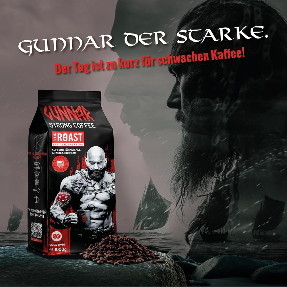 Blank Roast - GUNNAR - 1kg - Ganze Kaffee-Bohnen Extra Stark - Kräftige Robusta-Röstung - 494mg Koffein je Tasse - Würzig & Kraftvoll mit Noten von dunkler Schokolade - Säurearm