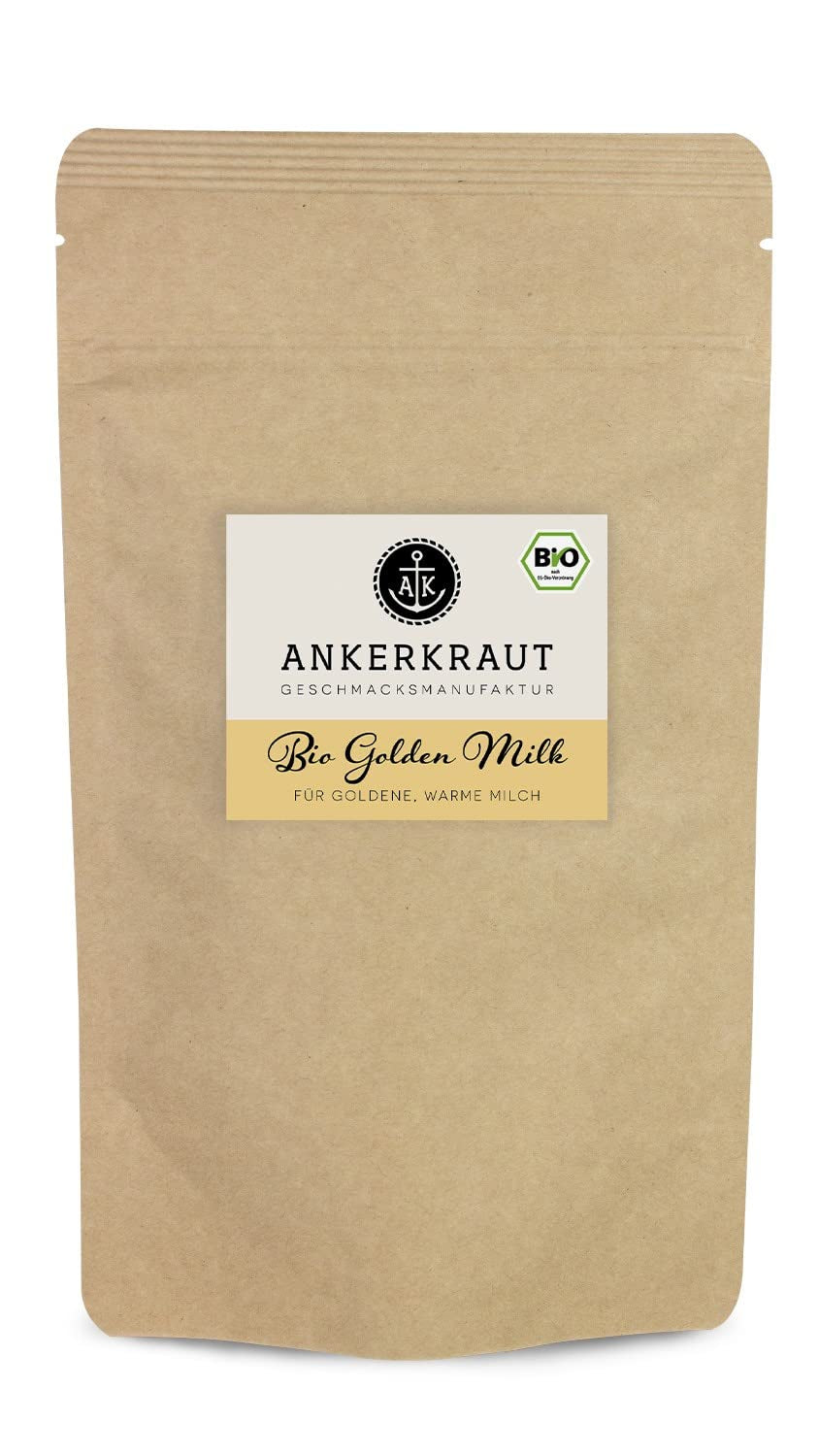 Ankerkraut Bio Golden Milk, Gewürz für goldene Milch, with Turmeric, Zimt und Ingwer, 75 g in a cork glass