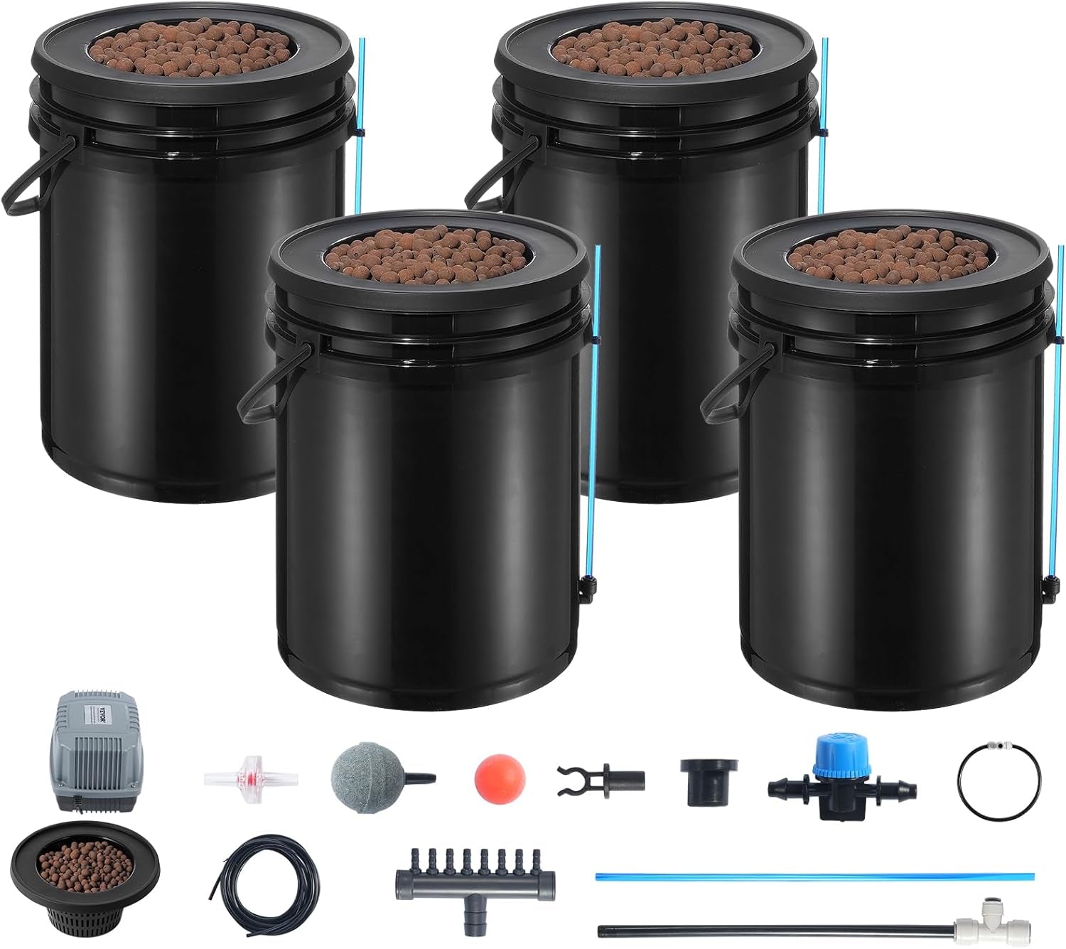 VEVOR DWC Hydroponic Grow System Drip Pot Kit Hydroponic Grow Systems Deep Water Cultivation 4 20L Buckets with Air Pump Air Stones and Water Level Indicator for Green Leaf Vegetables