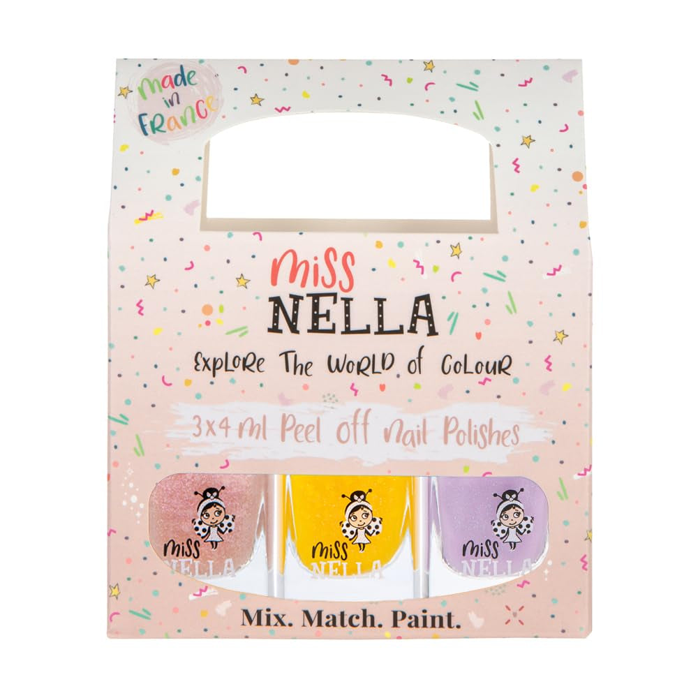 Miss Nella Magic Collection 4 Piece Glitter Nail Polish Set: Pink, Red, Gold and Blue, Kids Special Removable Nail Polish, Non-Toxic, Water-Based, Odorless